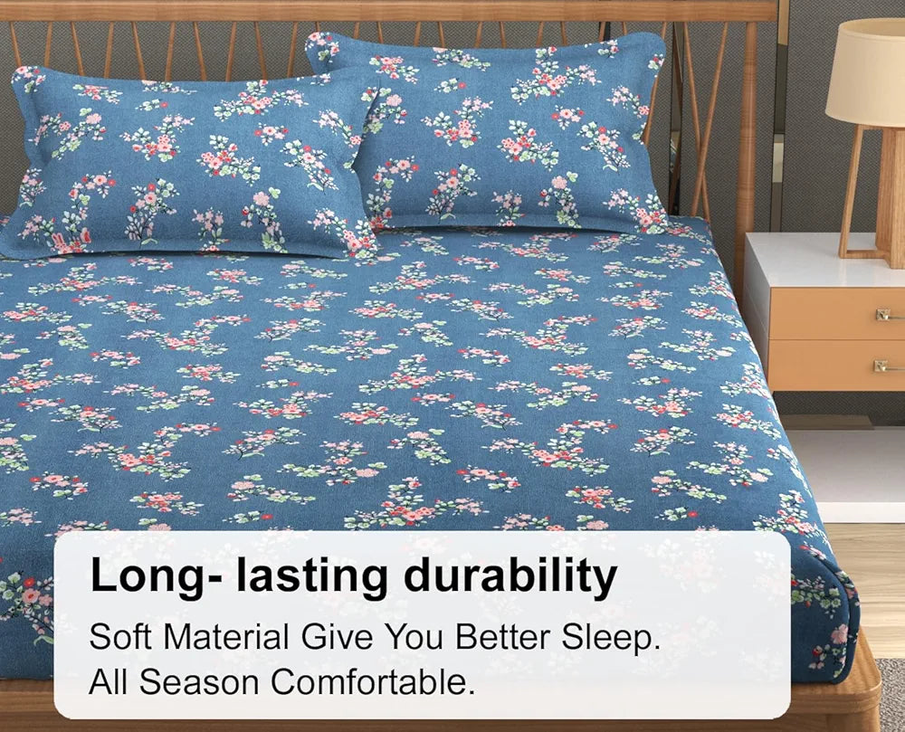 FRESH FROM LOOM Anti Fade Floral Print 240 TC Microfiber King Size Fitted Bedsheet with 2 Pillow Covers  | Greyish-Blue)