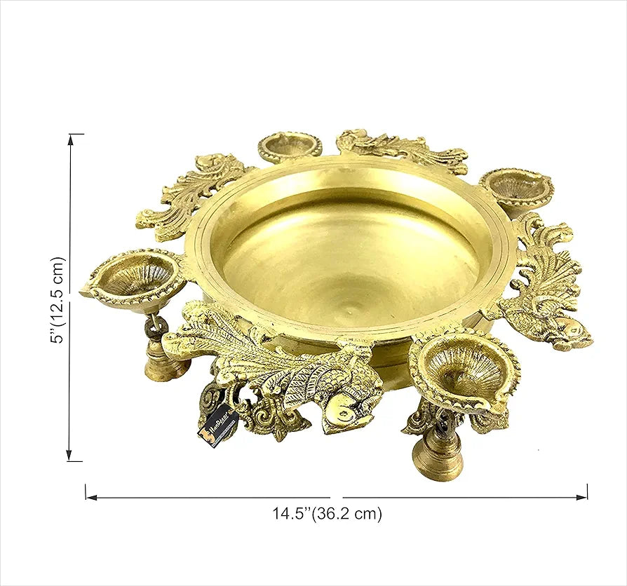 Two Moustaches Brass Peacock Design Urli with 4 Diyas  