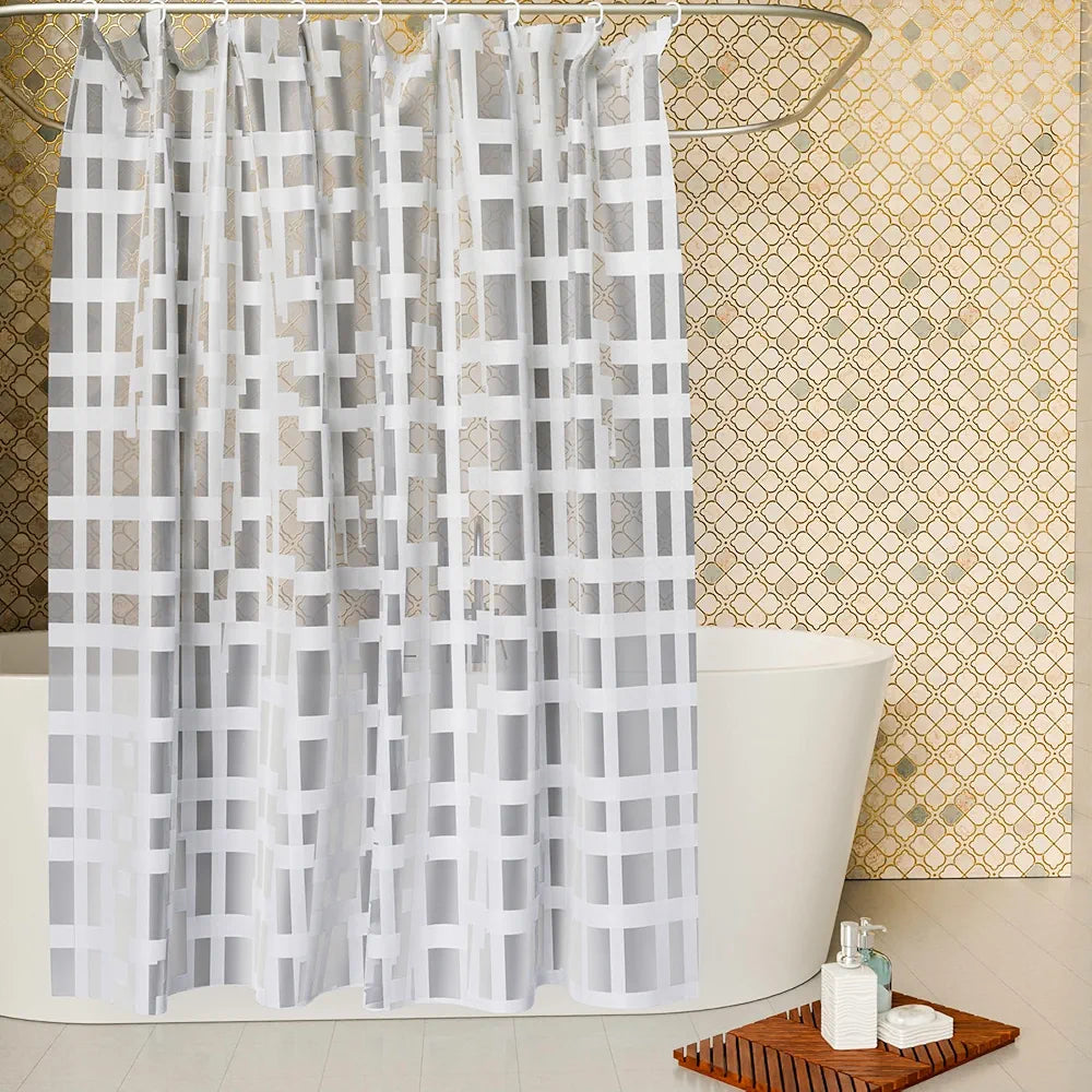 Kuber Industries PVC Shower Checkered Light-Filtering Curtain | 7 Feet White with Hooks for Bathroom