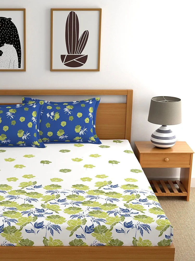 Dreamscape 100% Cotton King Fitted Bedsheet with 2 Pillow Covers, 140 tc Cotton Floral Blue Bedsheet for King Fitted Bed 
