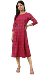 Janasya Women's Wine Poly Crepe Foil Print Flared Kurta