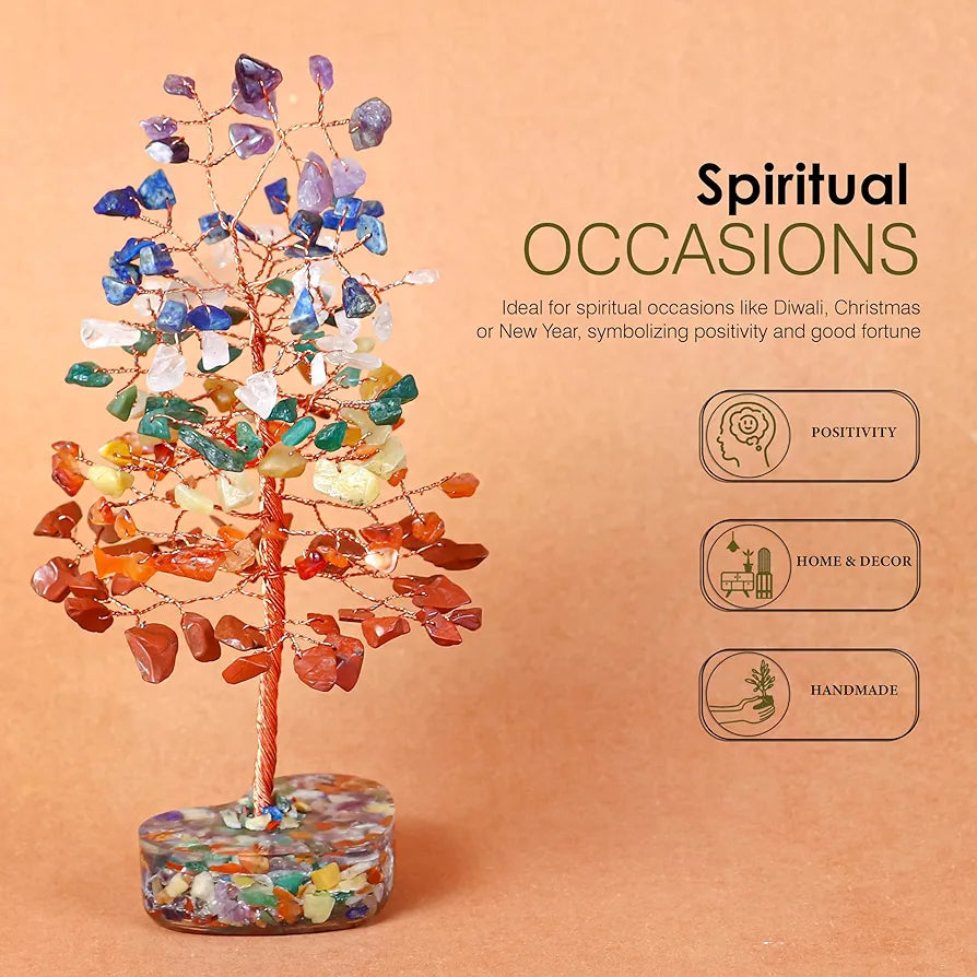 ZAICUS 7 Chakra Gemstone Bonsai Tree with Orgone Heart Base – Feng Shui Showpiece for Positive Energy & Home Décor – Healing Crystal Tree, Ideal Gift