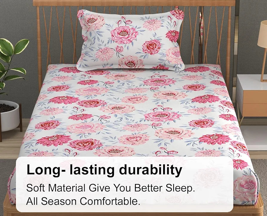 FRESH FROM LOOM Floral Print 240 TC Single Bed Microfiber Bedsheet Set - Soft & Anti Fade, 1 Pillow Covers Included 