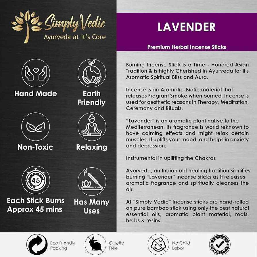 Simply Vedic Lavender Incense Sticks with Holder – 135 Handmade Charcoal-Free Agarbatti | Natural Essential Oil Aromatherapy for Meditation, Yoga, Pooja, Relaxation – 45 Min Burn, Gift Set