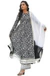 Janasya Women's Black Cotton Floral Print Kurta with Palazzo and Dupatta - S