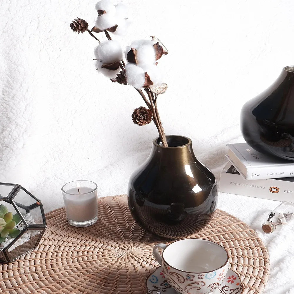 Behoma Metal Flower Vase for Home Decor Living Room Kitchen Office Wedding Round Shape Metal Table Decorative Flower Pot Brass Colour Small 