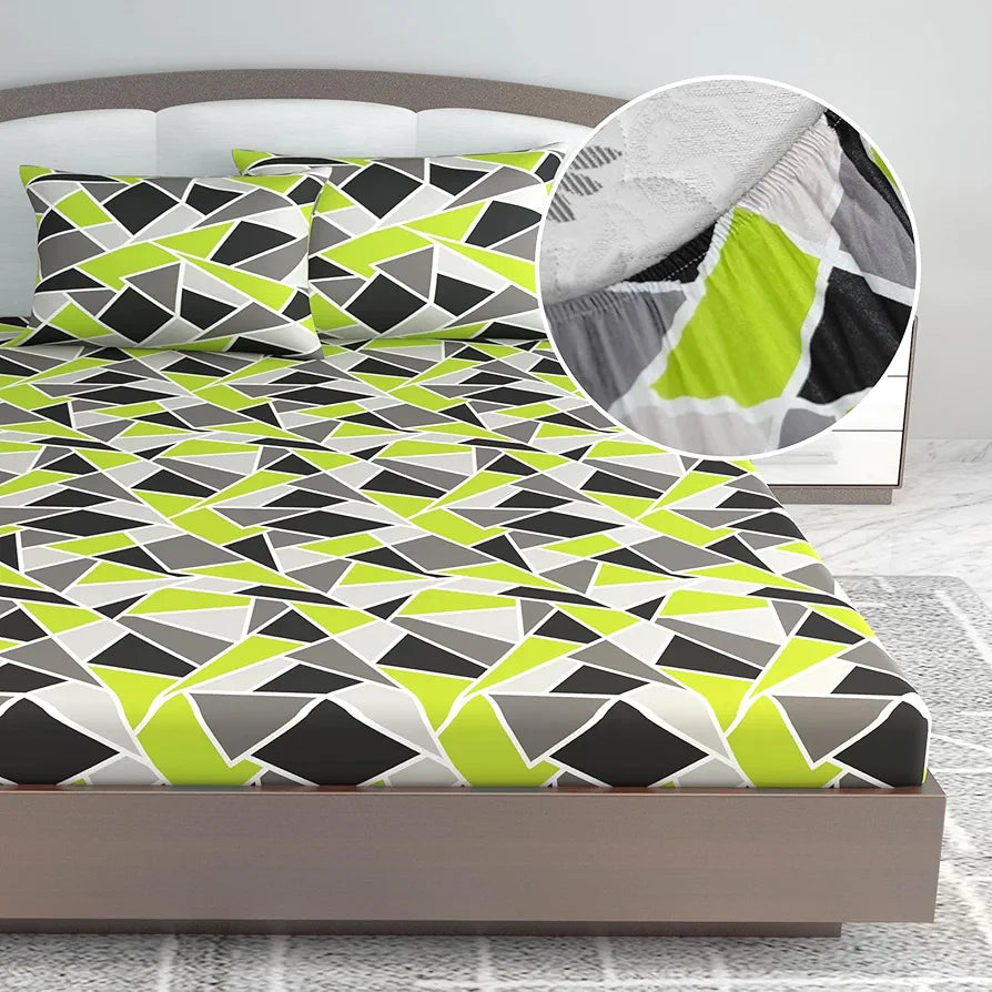 Divine Casa 144 TC 100% Cotton Abstract Print Green Super Soft Bedsheet Elastic Fitted King Size Bed - 78 x 72 inches