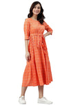 Janasya Women's Blue Cotton Woven Midi Dress Orange