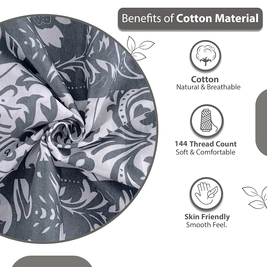 Divine Casa 100% Cotton 144 TC King Size Bedsheet with 2 Pillow Covers | 270 by 270 cm | Grey & Blue | Floral