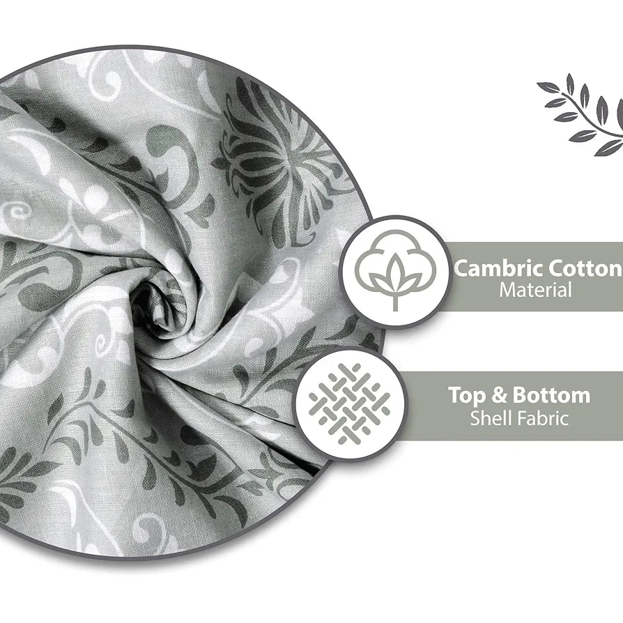 Divine Casa 120 GSM 100% Cotton Cambric 3 Layered Super Soft Jaipuri Razai Single Bed for Mild Winter | Light-Weight AC Room Blanket | Printed Reversible Dohar- Glacier Grey| TC - 120