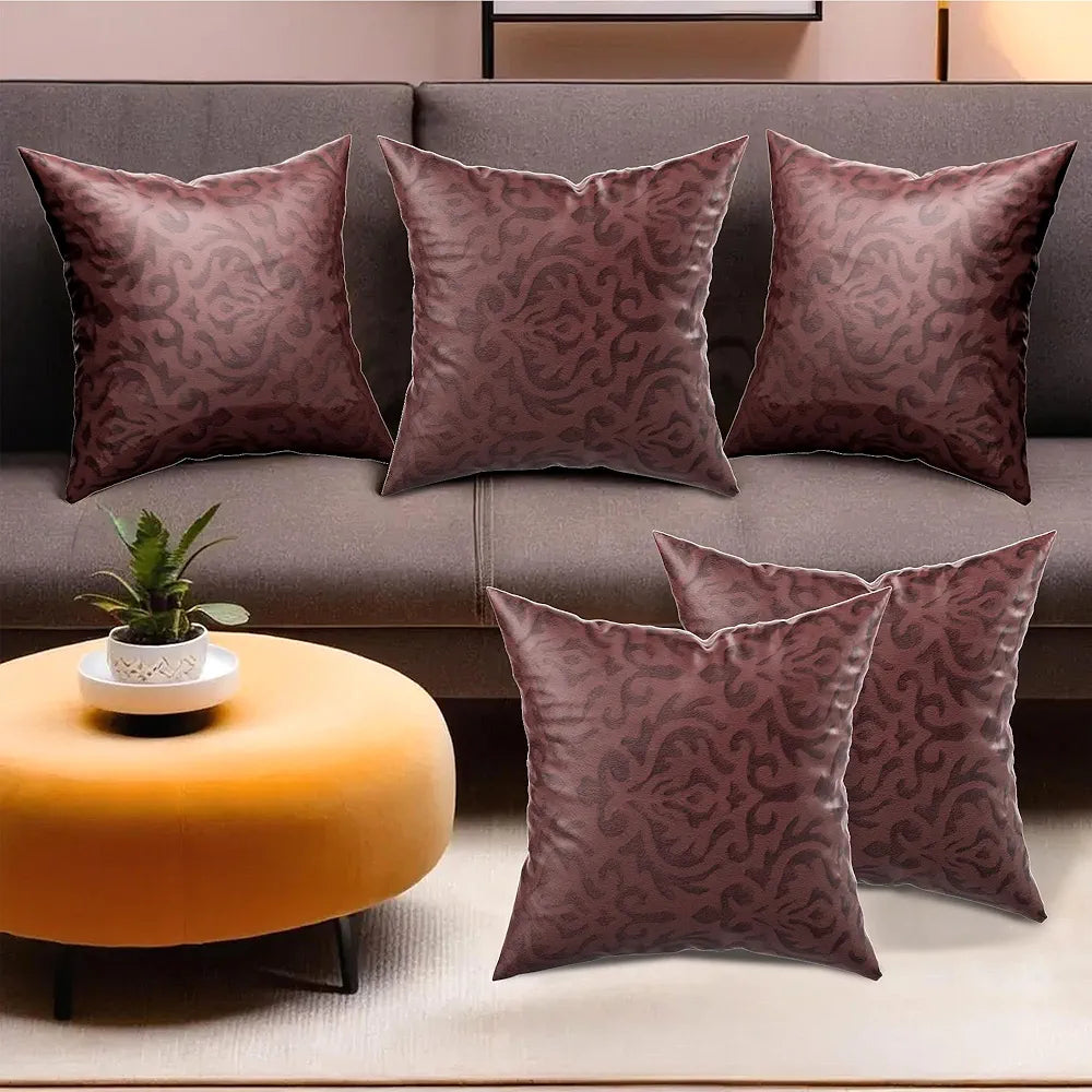 Kuber Industries Set of 5  Washable & Removable Velvet Sofa Pillow Covers with Zip | Soft Sofa Cushion Covers for Home & Bedroom Interiors | Floral Design - Brown