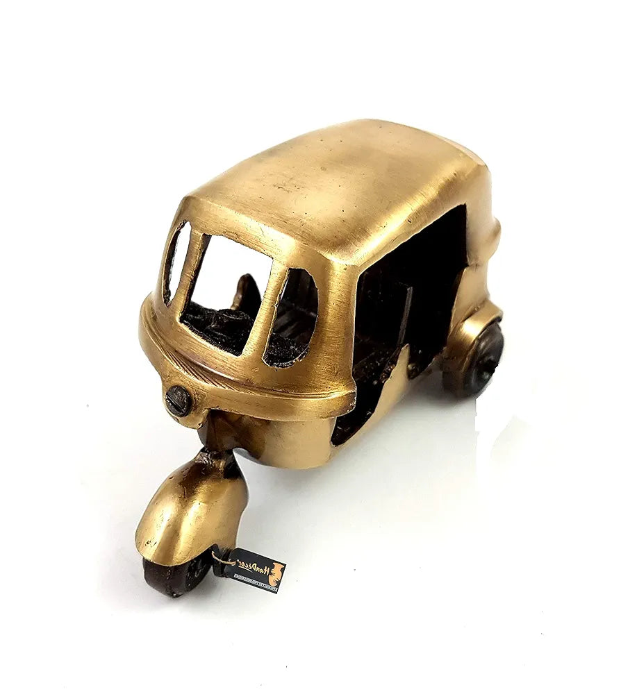 Two Moustaches Handcrafted Vintage Auto Rickshaw Miniature Brass Decor Showpiece with Antique Finish  
