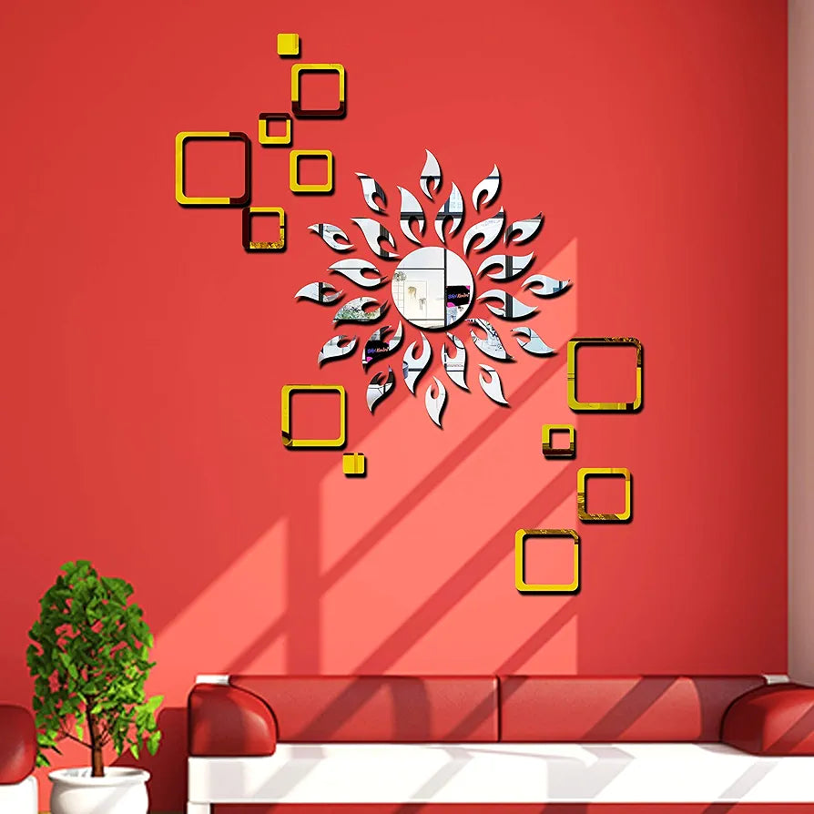 Bikri Kendra - Sun Silver with 12 Square Golden 3D Mirror Wall Stickers