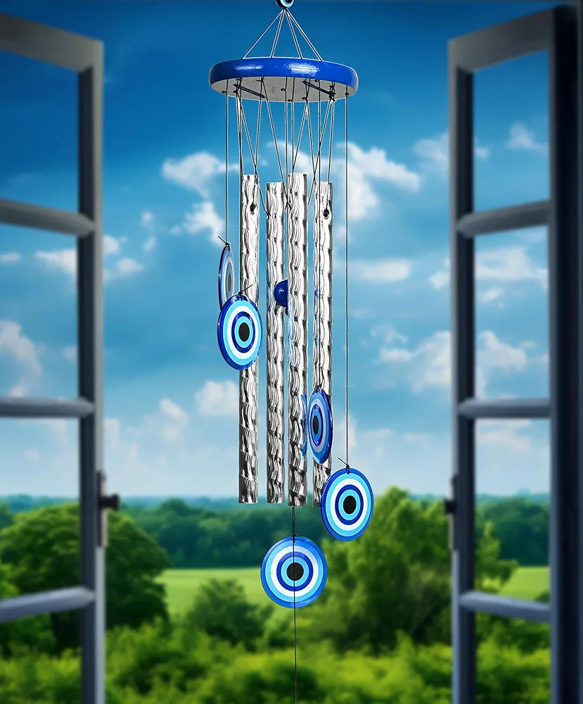 ZAICUS Turkish Evil Eye Wind Chimes – Metal Hanging Décor for Home, Balcony, Entrance & Living Room – 27-inch Chime for Positive Energy & Housewarming Gift 