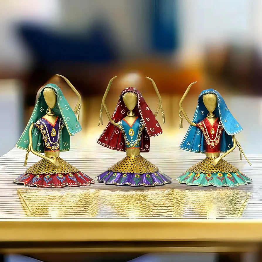 Kraftskala Set of 3 Kalbeliya Dancers Metal Decor Items for Living Room Showcase, Bedroom, Tabletop Decor, Traditional Rajasthani Dancers Decorative Showpieces 