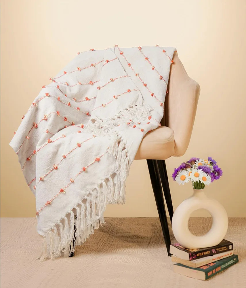 SAJAVAT HOME Hand-Knitted Pure Cotton 3 Seater Sofa Throw | 80x52 Inches/204x132 Cm | Beige & Royal Orange Throw for Sofa, Bed, Chair & Travel - Ideal for All Season | Pack of 1