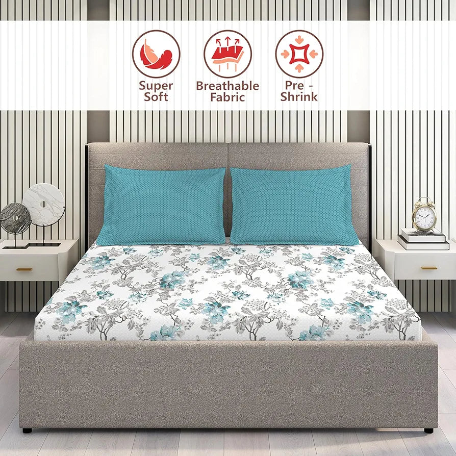 Layers Illuminating Homes 100% Cotton Bedsheet Set for All Seasons - Lightweight, Moisture Absorbent, Machine Washable & Easy to Care - 144 TC - Queen Size 