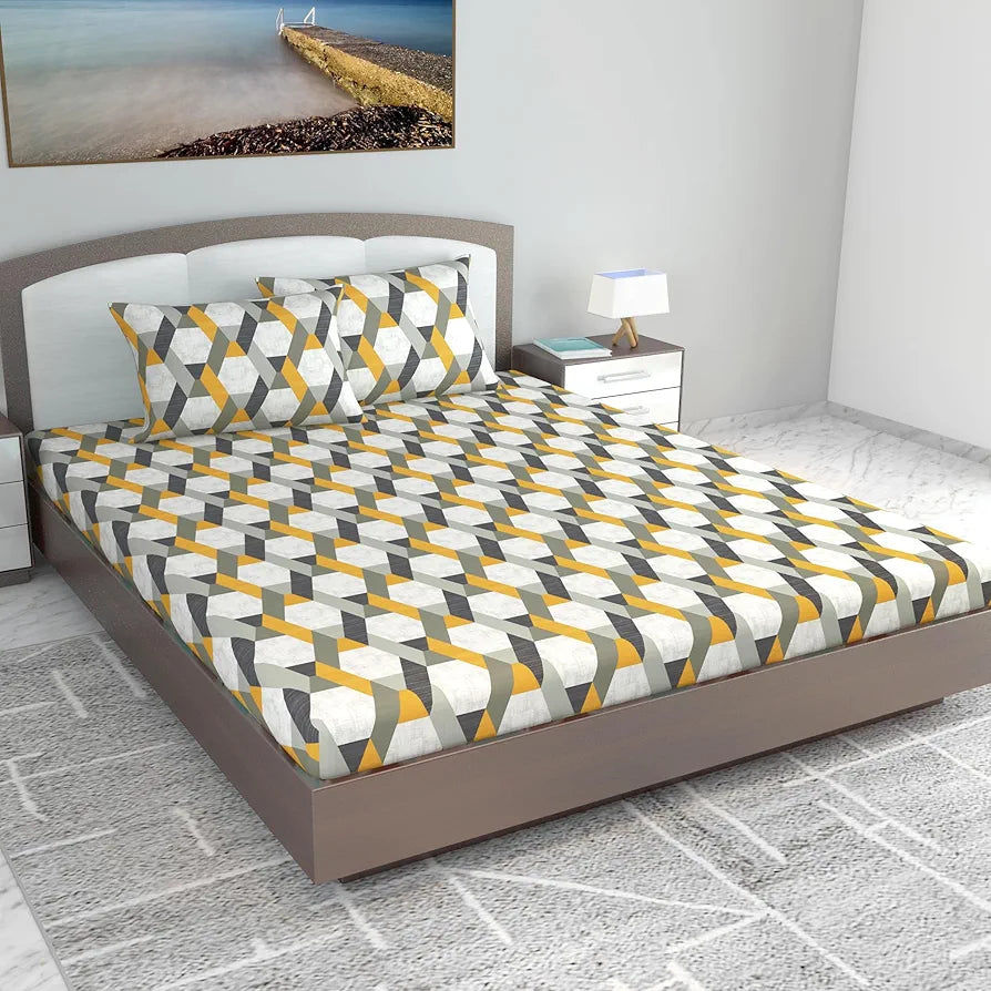 Divine Casa 144 TC Abstract Print Cotton Bedsheets for King Size Bed with 2 Pillow Covers 