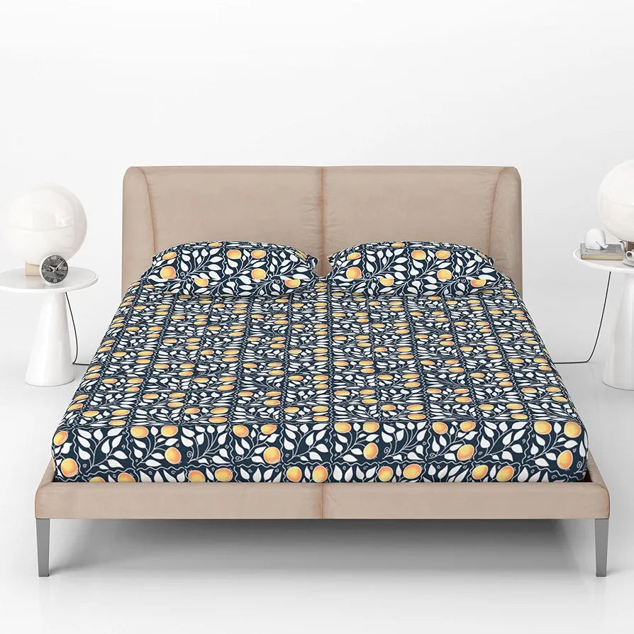 Divine Casa 144 TC 100% Cotton Deep Cobalt Floral King Size Elastic Fitted Bedsheet with 2 Pillow Covers | Elegant Double Bed Set for Bedroom -  cm