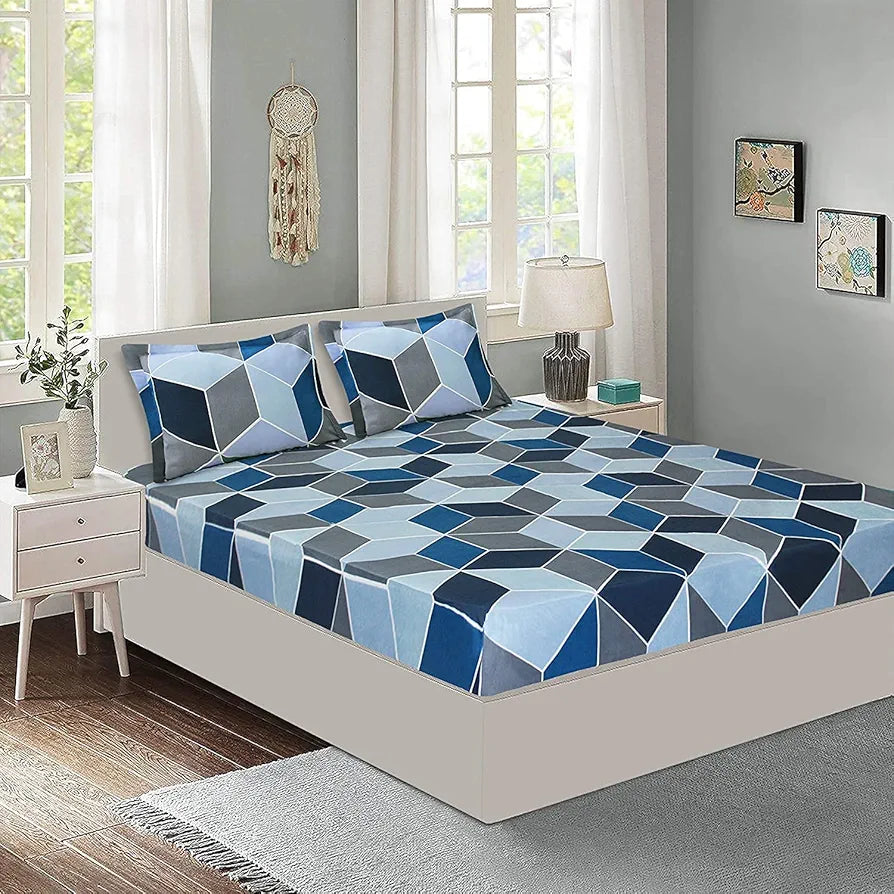 THE HOME STYLE Cotton Feel Glace Cotton All Around Elastic Fitted Printed King Size Double Bed Bedsheet With 2 Pillow Cover,300 TC