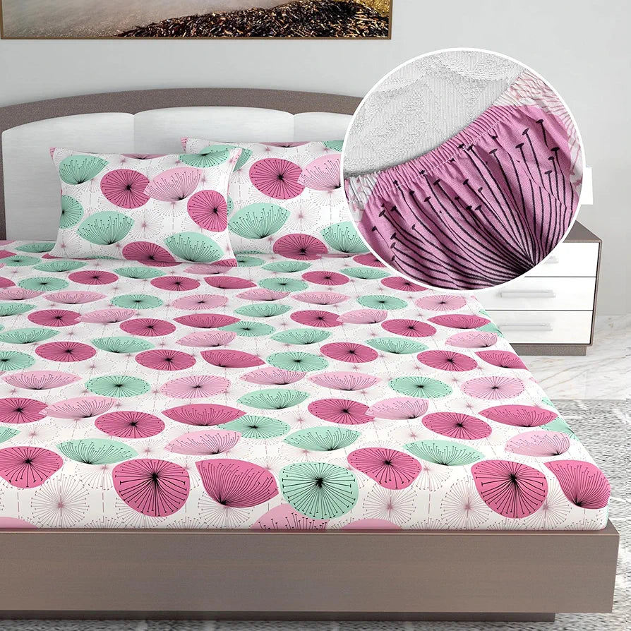 Divine Casa 144 TC 100% Cotton Floral Pink Breathable Bedsheet King Size Bed Cotton Elastic Fitted - 78 x 72 inches