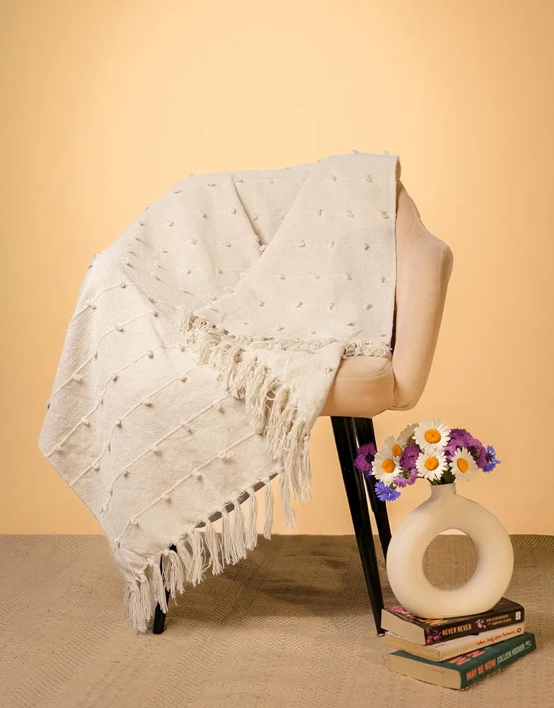 SAJAVAT HOME Hand-Knitted Pure Cotton 3 Seater Sofa Throw & Cushion Cover | 82x52 Inches / 208x132 Cm | Beige Throw & Multi Cushion 16''x16'' for Living Room, Bedroom, Sofa & Chair | Pack of 1