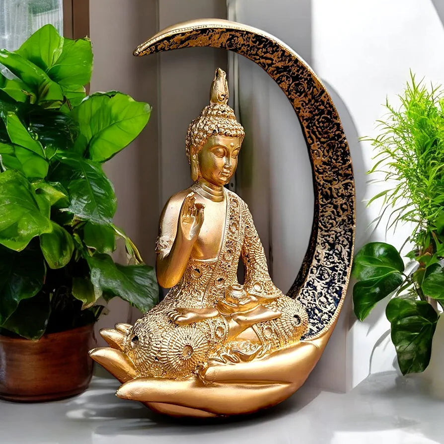 Antique Meditating Moon Buddha Showpiece | Polyresin Idol Statue for Home Decor, Living Room, Office | Housewarming Gift 
