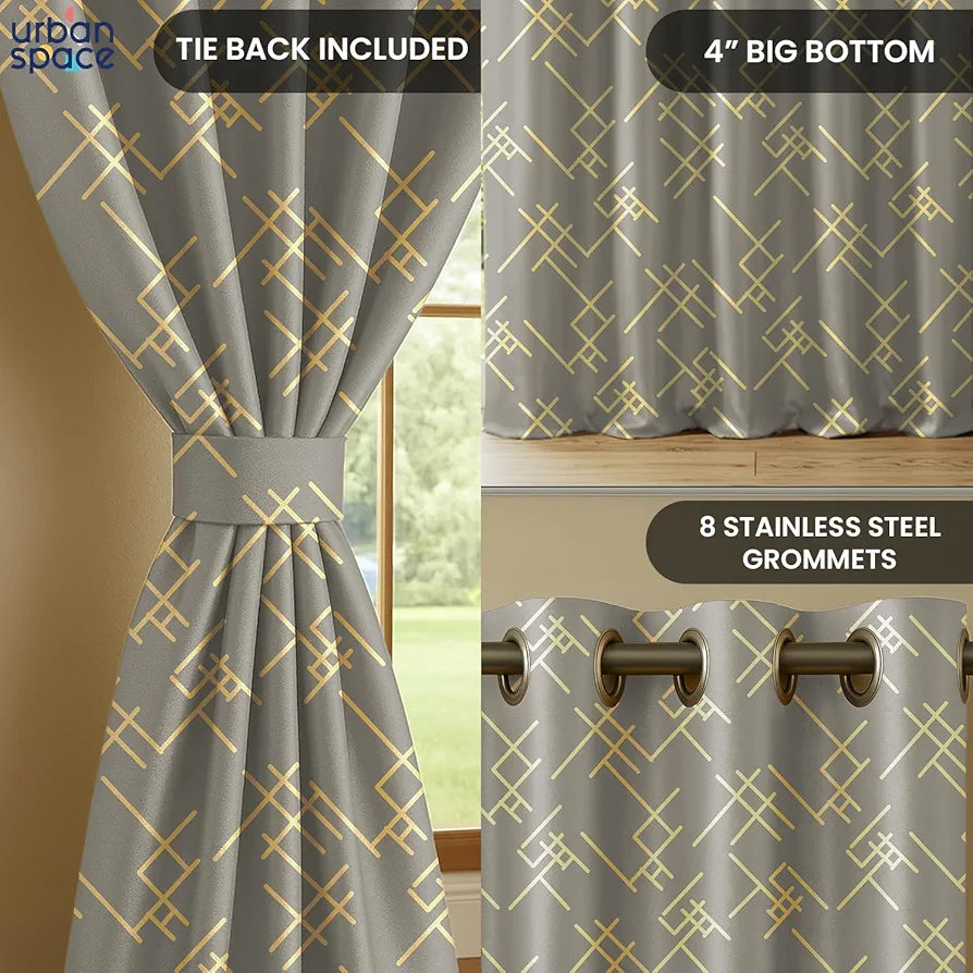 Urban Space Blackout Curtains for Living Room, Gold Foil Printed Luxurious 100% Blackout Decorative Door Curtain Eyelet with Tieback, 1 Piece 