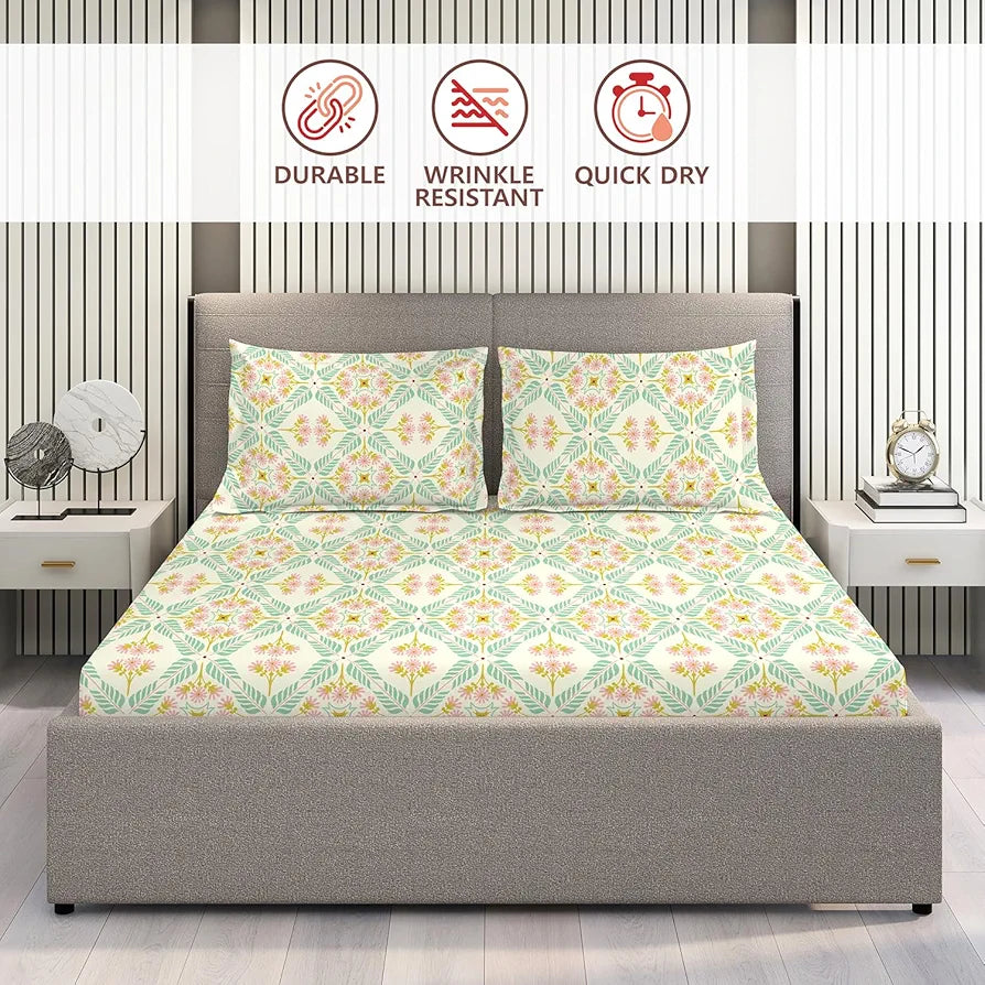 Layers Basicx 100% Cotton Bedsheet Set for All Seasons - Lightweight, Moisture Absorbent, Machine Washable & Easy to Care - Gift for Housewarming & More - 120 TC - Queen Size 