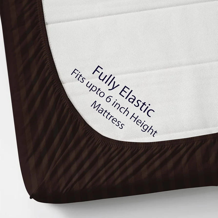 Homefab India 160 TC Stripe Cotton Feel Glace Cotton Elastic Fitted King Size Double Bed Bedsheet with 2 Pillow Covers Fits Upto 6 inches Mattress, Size-72X78 inches, Brown