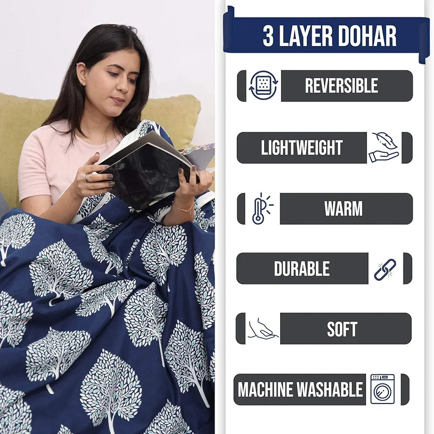 Divine Casa 120 GSM Microfiber Single Kids Dohar  | Soft & Lightweight Throw Blanket | Cozy & Breathable | All-Season Comfort | 140 x 100 CM | Tree Motif Pattern | Navy Blue & White