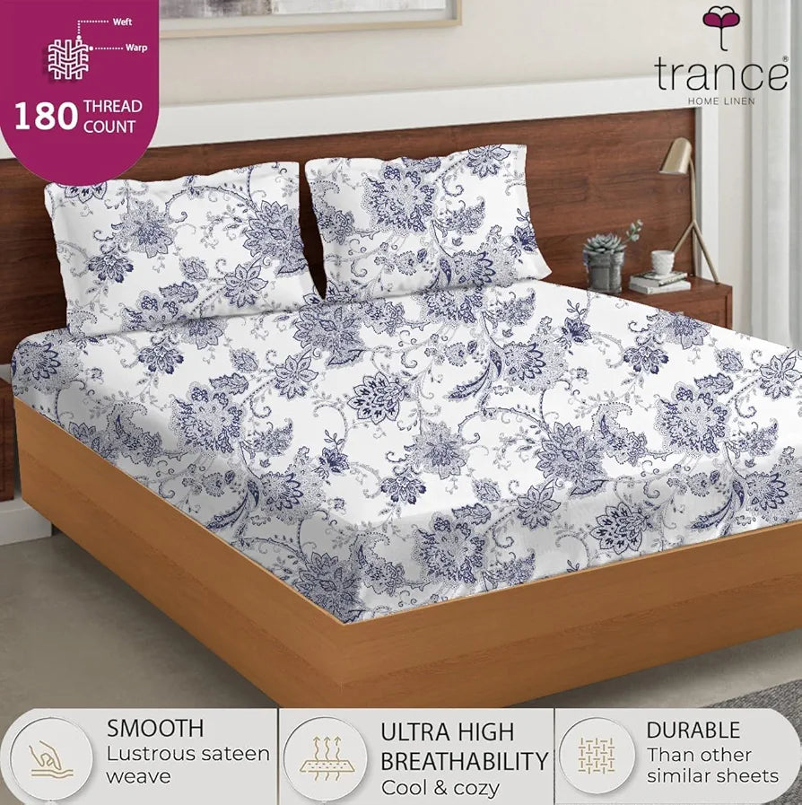 Trance Home Linen Skin Friendly 100% Cotton Printed Fitted Bedsheet for Queen Size Bed with 2 Pillow Cover - Premium 180TC 