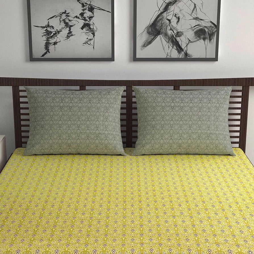 Divine Casa 144 TC 100% Pure Cotton Double Bedsheet with 2 Pillow Covers | Soft & Skin-Friendly Fabric for Everyday Comfort | All-Season Use | Size 222 x 254 CM | Ikat Diamond Print | Mustard Yellow