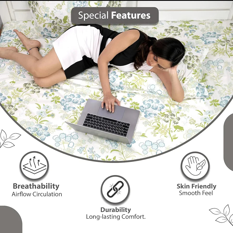 Divine Casa - 144 TC Super Soft 100% Cotton Bedsheet for Double Bed  144 Thread Count - Floral, Green Blush| 222 x 254 cm