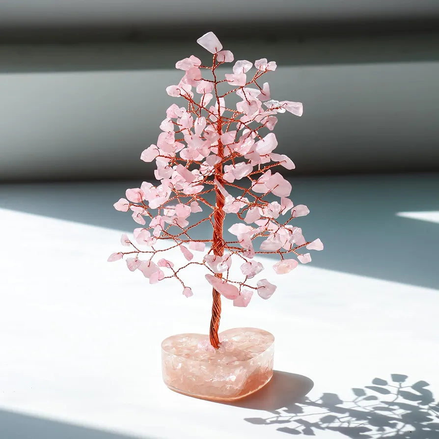 ZAICUS Rose Quartz Crystal Bonsai Tree with Heart Base – Handmade Feng Shui Tree for Love, Harmony & Healing – Home Decorative Item - Showpiece Good Luck Gift