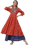 Janasya Women's Red Cotton Floral Print Flared Kurta