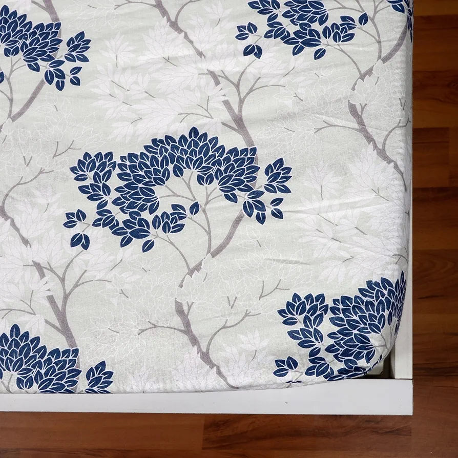 Divine Casa 144 TC 100% Cotton Floral Pattern Elastic Fitted Queen Size Bedsheet with 2 Pillow Covers | Cream & Brown Print, Ideal for Bedroom