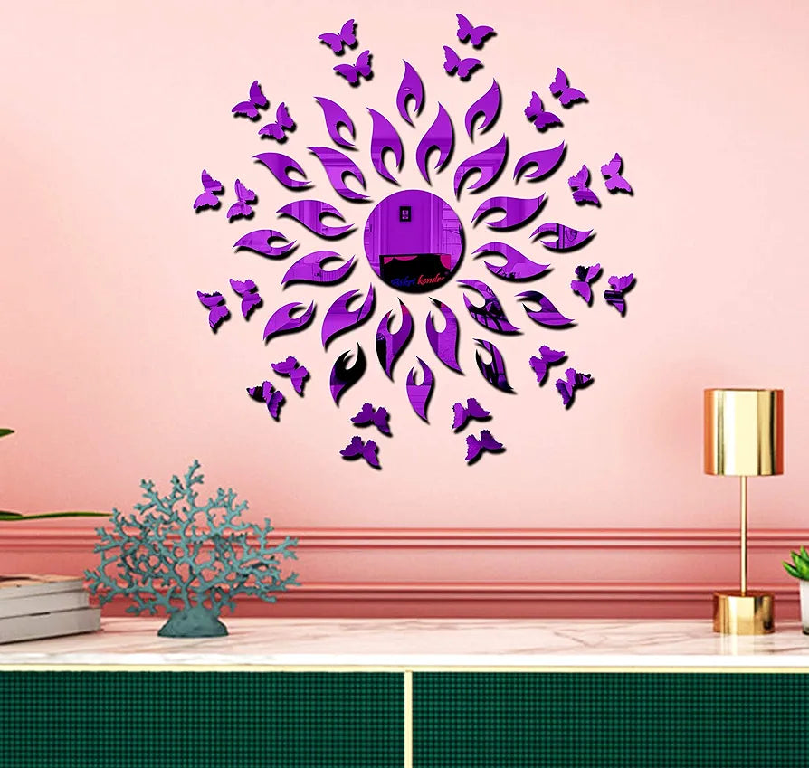 Bikri Kendra - Art BK154, Sun Purple with 20 Purple Butterfly - 3D Acrylic Mirror Stickers for Wall