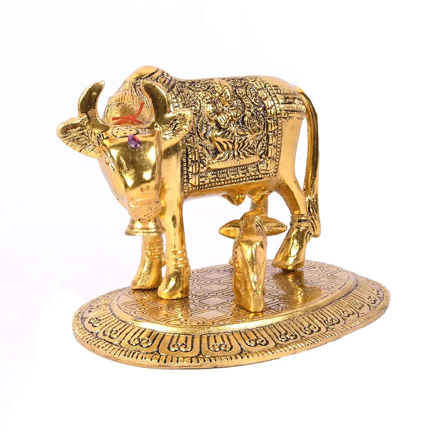 JAIPUR ACE Kamdhenu Cow with Calf Statue, Standard Size, Golden   
