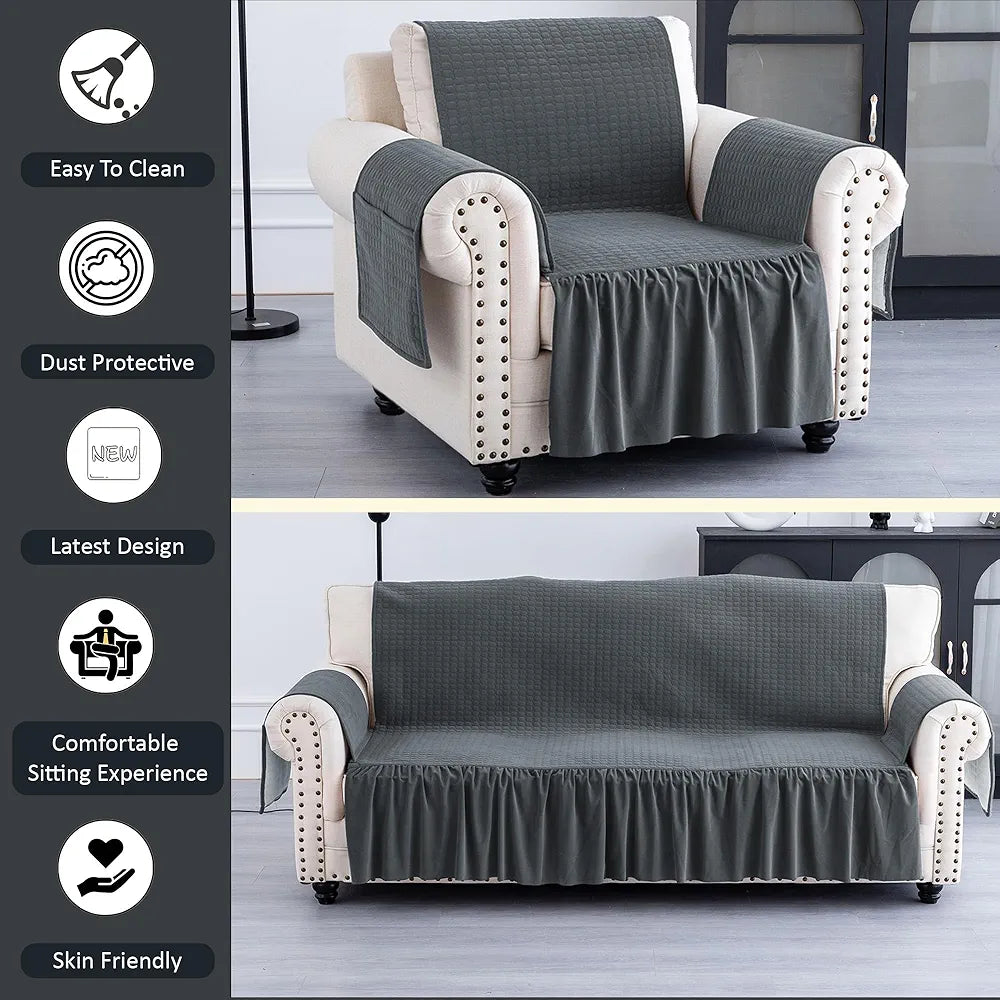 Kuber Industries Soft Velvet Quilted Single Seater Sofa Cover with Pocket Arms | Sofa Protector Cover | Sofa Slipcover Set | Non-Slip Couch Cover for Living Room | Frill - Grey