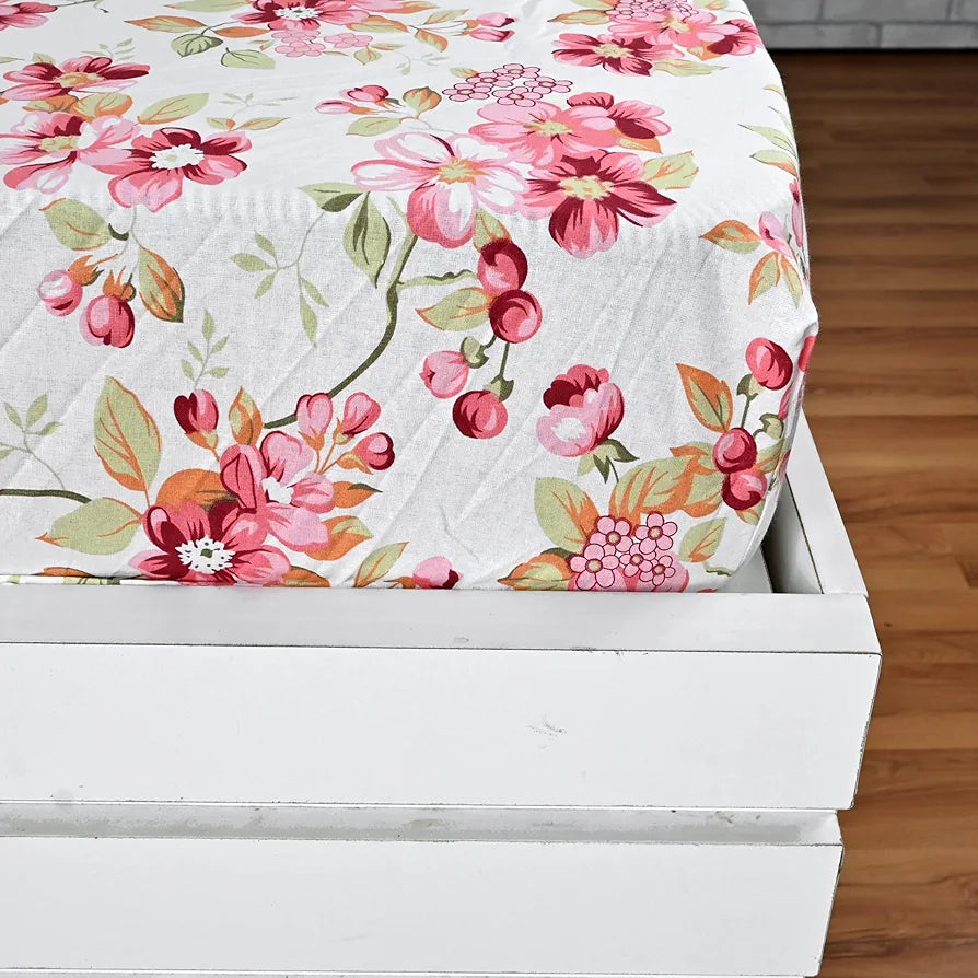 Divine Casa Floret 100% Cotton King Fitted Bedsheet | 144 TC | Deep Pocket Design | Soft & Breathable Fabric | Durable & Easy Care | 200 x 185 + 25 CM, Rosy Retreat