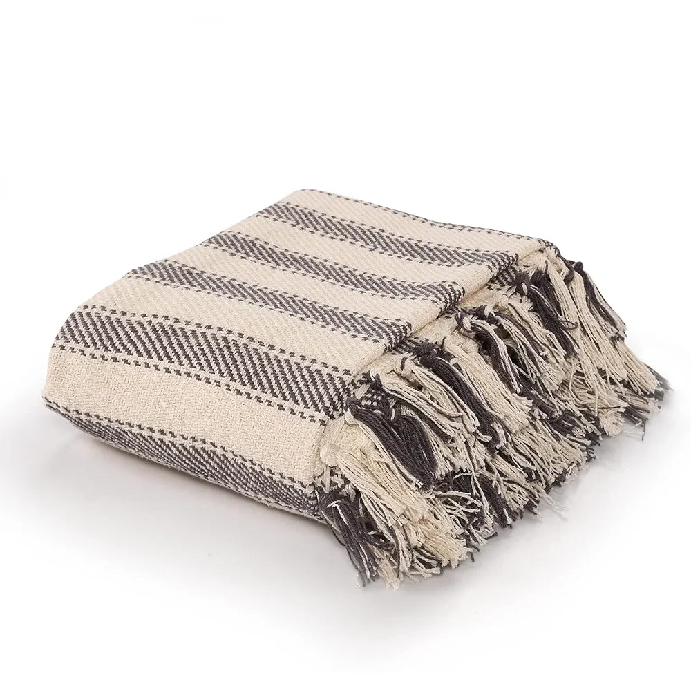 SASHAA WORLD Striped Throw Medium with Tasselled Edges |Throw for Living Room, Bedroom, Sofa & Chair |Charcoal Throw Blanket | 180 x130 cm