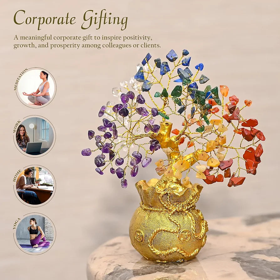 ZAICUS Lucky Feng Shui 7 Chakra Tree with Golden Money Bag Base - Healing Crystal Gemstone Bonsai Tree for Wealth, Prosperity, Positive Energy, and Home Decor, Good Luck Gift - 