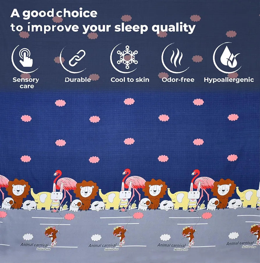 FRESH FROM LOOM Glace Cotton Wrinkle Free Soft Hypoallergenic Elastic Fitted Cartoon Printed Bedsheets for Kids with 2 Pillow,Jungle/Blue),Double Bed,300 TC