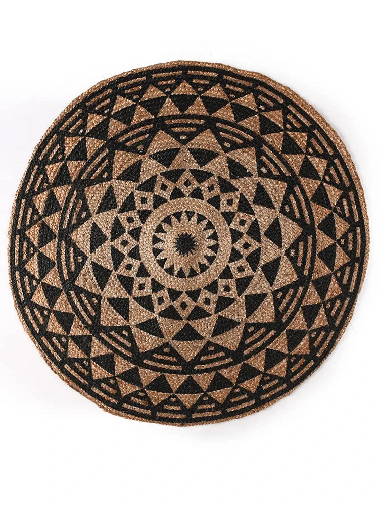 SASHAA WORLD Handwoven Black Symmetric Design Jute Rugs Round Braided Floor Carpet Mat for Living Room, Bedroom, Dining, Office, Restaurant 