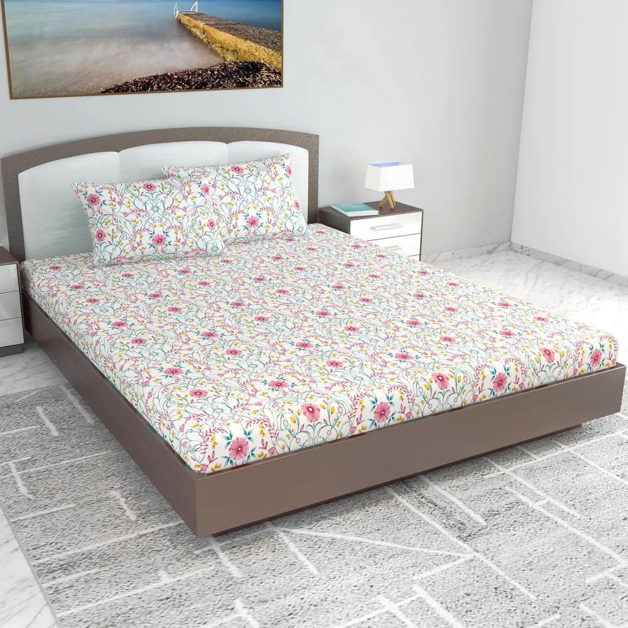 Divine Casa 144 TC Cotton White Jaipuri Bedsheets for King Size with 2 Pillow Covers 