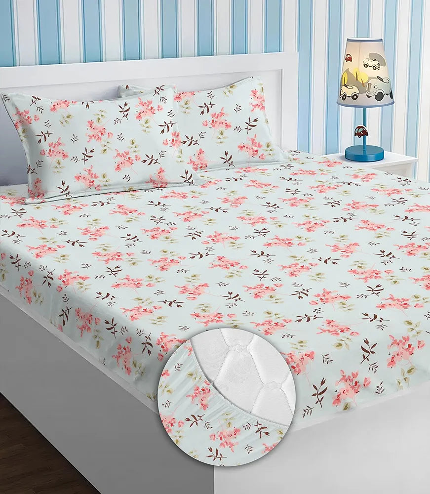 Premium Cotton Elastic Fitted Bedsheets with 2 King Size Pillow Covers Double Bed with All Around Elastic Supersoft Size - 72 x 78 +10 inches Flower Print Sky Blue and Pink 200 tc - 220 tc