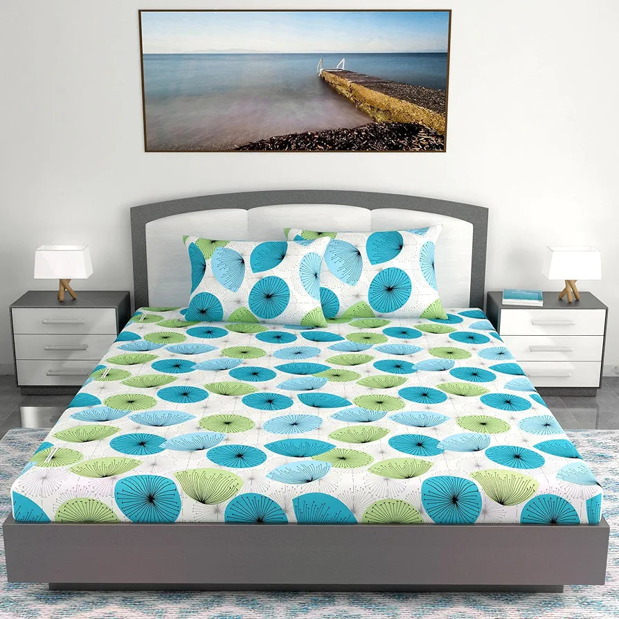 Divine Casa 144 TC 100% Cotton King Bedsheet with 2 Pillow Covers | Skin-Friendly Fabric for Everyday Comfort | 270 X 270 CM | Floral Pattern | Cyan
