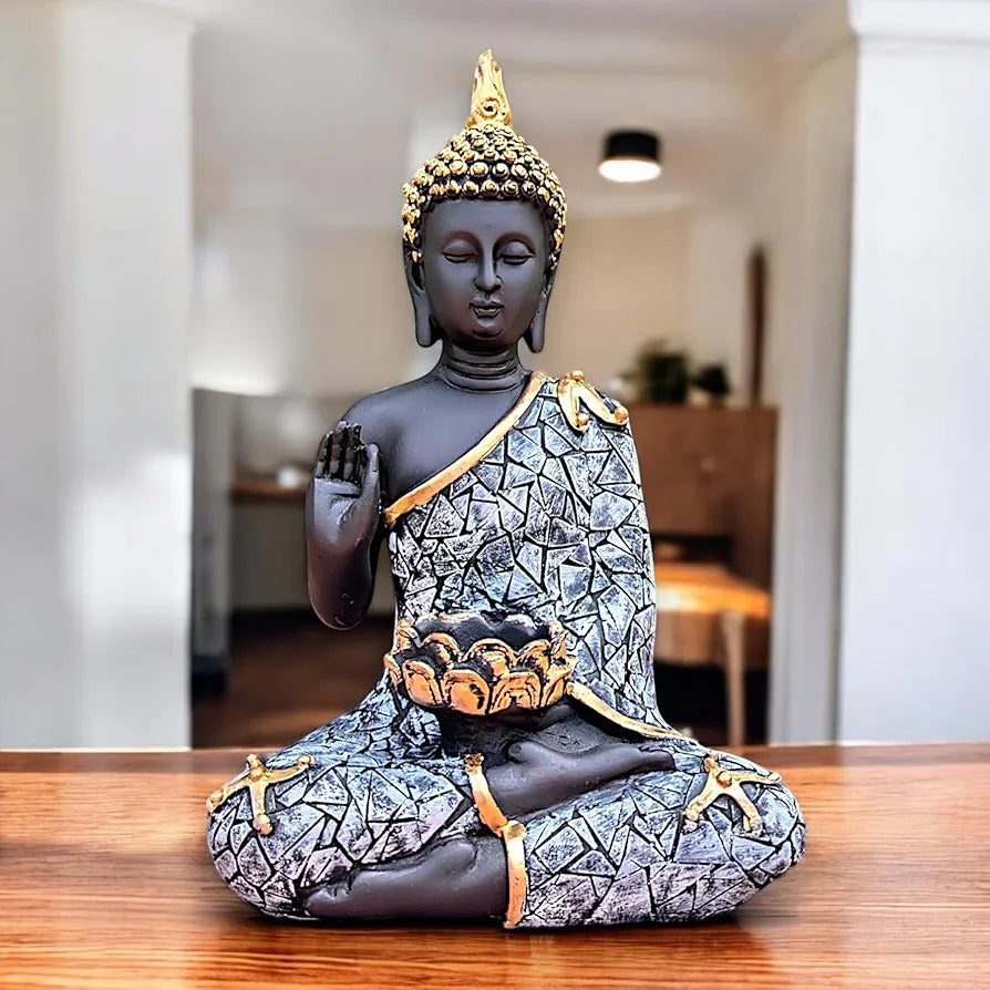 NEELAYA Meditating Buddha Statue with Tealight Holder Polyresin Showpiece for Home Decor Living Room Office Table Vastu Gift Housewarming 28 cm Black Grey