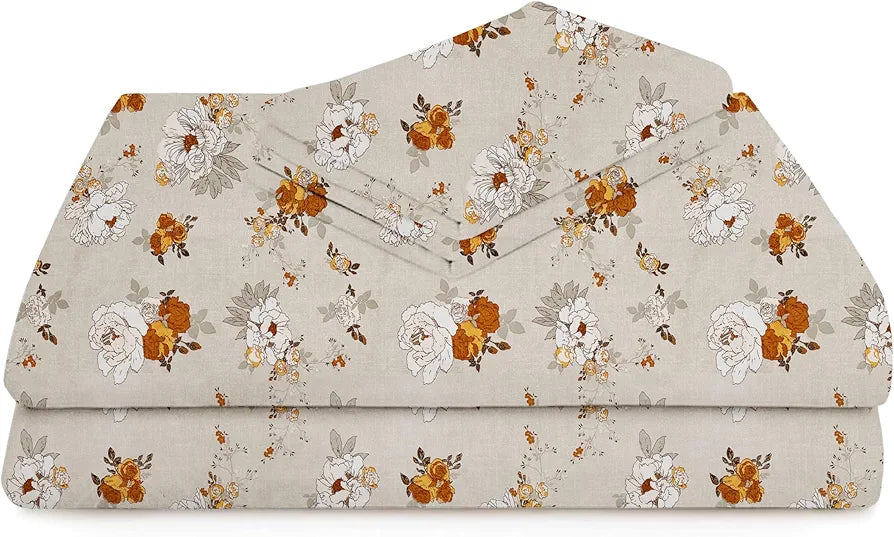 HOMEKART Premium Cotton Elastic Fitted Bedsheets with 2 King Size Pillow Covers Double Bed with All Around Elastic Supersoft Size - 72 x 78 +10 inches Flower Print Beige and Brown 200 tc - 220 tc